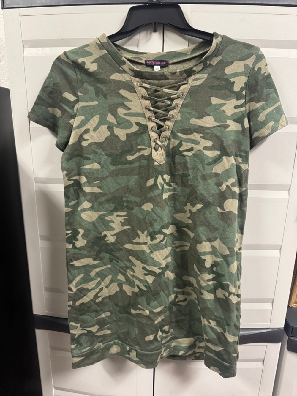 Material Girl Camo Lace-Up Mini Dress in Green and Tan